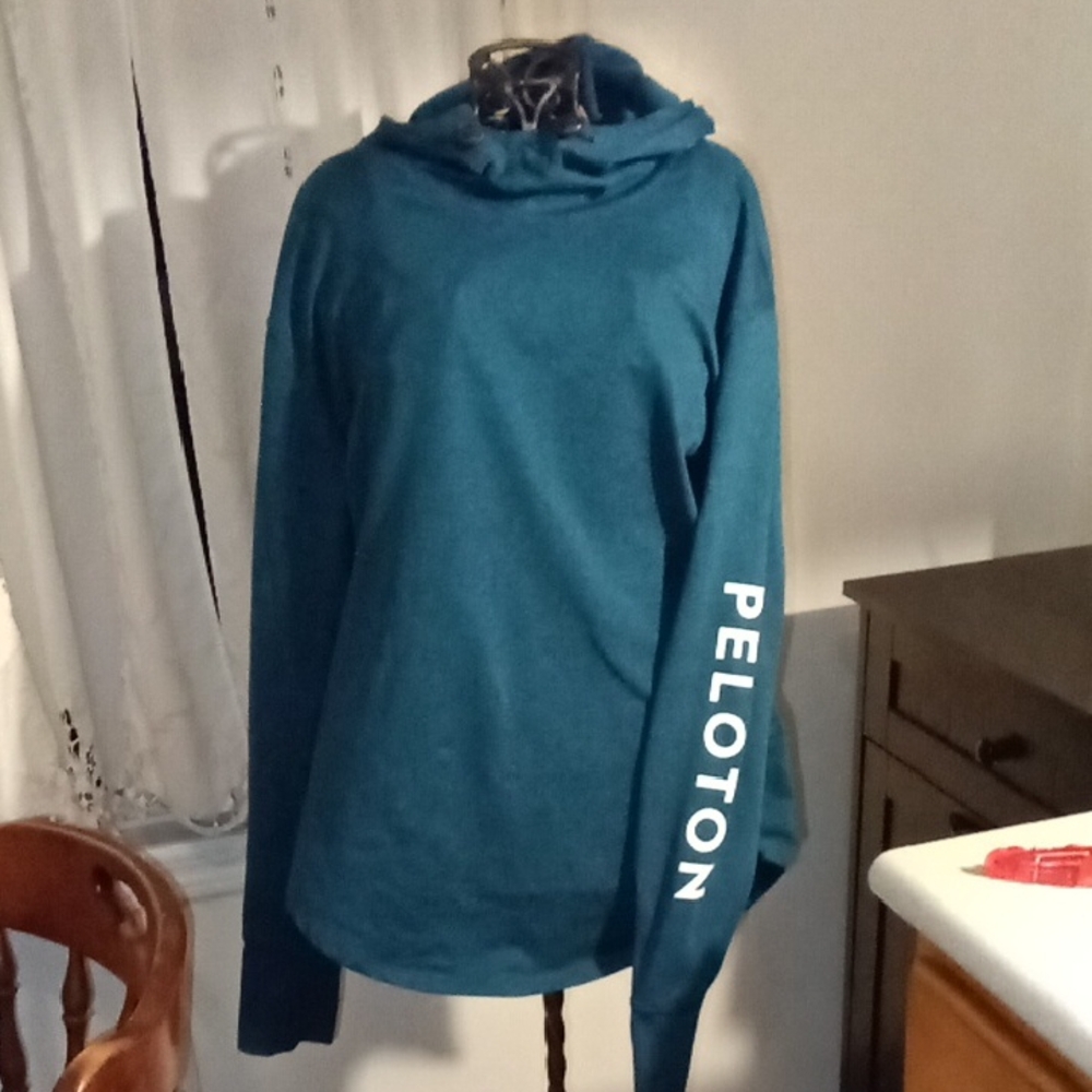 Peloton Teal Blue Hooded Long Sleeve with Sleeve Logo